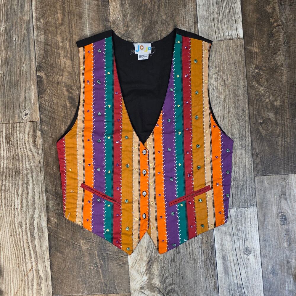 Vintage 90s Beaded Patchwork Stripe Vest Boho Hippie Festival Waistcoat Large